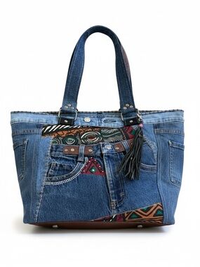 Denim patchwork shoulder bag-tote bag upcycled jeans boho bag